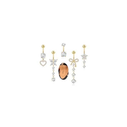 REVOLIA 5Pcs 14G 316L Stainless Steel Dangle Belly Button Rings Heart Flower Dangling Navel Ring Cute Bow Butterfly Belly Ring Sparkling CZ Belly Piercing Jewelry 10MM Gold