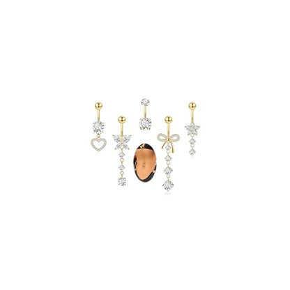 REVOLIA 5Pcs 14G 316L Stainless Steel Dangle Belly Button Rings Heart Flower Dangling Navel Ring Cute Bow Butterfly Belly Ring Sparkling CZ Belly Piercing Jewelry 10MM Gold