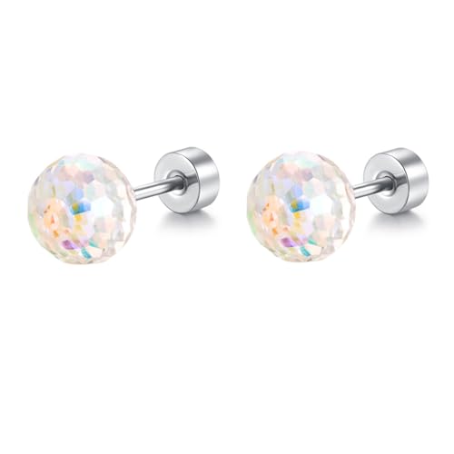 Dazzling Crystal Disco Ball Cartilage Stud Earrings for Women Mom Stainless Steel Austrian Colorful 6mm/8mm CZ Tragus Screw Flat Back Helix Tiny Studs Earring Fashion 60's 70's Jewelry Prom Party 20G - color: White,6mm