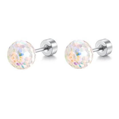 Dazzling Crystal Disco Ball Cartilage Stud Earrings for Women Mom Stainless Steel Austrian Colorful 6mm/8mm CZ Tragus Screw Flat Back Helix Tiny Studs Earring Fashion 60's 70's Jewelry Prom Party 20G - color: White,6mm