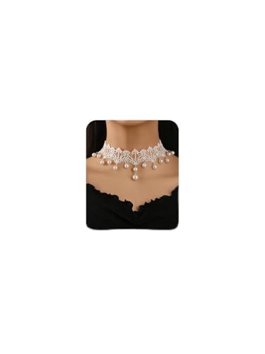 Lace Choker Necklace for Women Tassel Pendant Choker Necklaces Elegant Boho Collar Necklaces Statement Artistic Chain Necklace with Pearl Halloween Party Cosplay Costume Jewelry - color: White Lace Pearl-5