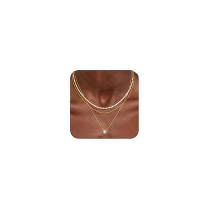 CHESKY 14K Gold Plated Layered Necklaces for Womens Trendy,Dainty Tennis Necklaces Simple CZ Pendant Stack Jewelry Gifts