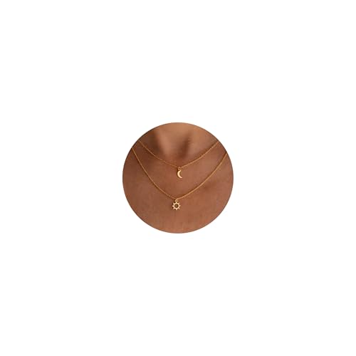Dainty Gold Necklace: 14k Gold Plated Dianty Boots Bow Sun Moon Horse Evil Eye Conch Seahorse Necklace for Women 16.5"+2" - color: Sun&moon