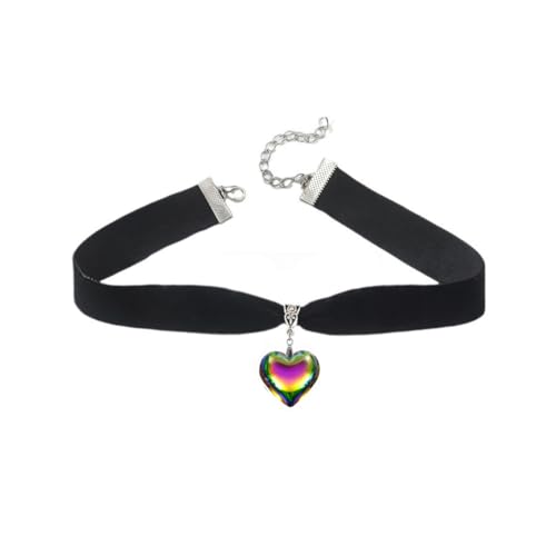Puffy Heart Necklace for Women Crystal Heart Chunky Necklace Pendant Black Velvet Choker Necklace Christmas Jewelry Gift - color: Colorful