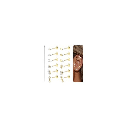 TEN MIRO Flat Back Stud Cartilage Earring for Women Tragus Piercing Jewelry | 16G 18G 20G Hypoallergenic Earrings, Gold Silver Surgical Steel Nose Studs Internal Thread Conch Ring, Helix Piercing Jewelry - color: Gold, size: 16G(1.2mm),8mm