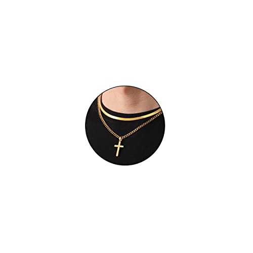Zocomi Cross Necklace for Men Boys, Stainless Steel Layered Cuban Link Herringbone Chain Cross Pendant Christian Fashion Jewelry Gifts 16-24 Inches - color: Gold, size: 16inch/18inch, style: Herringbone+Cuban
