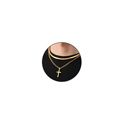 Zocomi Cross Necklace for Men Boys, Stainless Steel Layered Cuban Link Herringbone Chain Cross Pendant Christian Fashion Jewelry Gifts 16-24 Inches - color: Gold, size: 16inch/18inch, style: Herringbone+Cuban