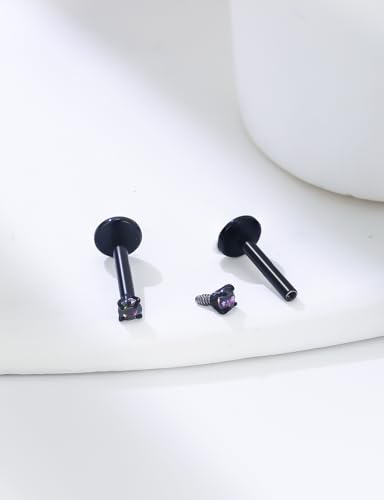 18G 16G 14G Internally Threaded Nose Rings Studs Flat Back Earrings Surgical Steel CZ Nose Rings Stud Tragus Helix Conch Cartilage Earrings Stud Piercing Jewelry For Women Men Hypoallergenic - color: Black-Rainbow CZ, size: 14 Gauge-6mm Bar-2mm CZ