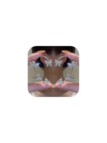 2Pcs Butterfly Ear Cuffs Rhinestone Clip On Earrings | Rhinestone butterfly ear cuffs with non piercing clip on design; silver ear wrap climber jewelry for parties and weddings - style: Style B Gold