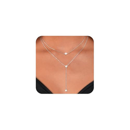 LULII Gold Necklace for Women Trendy Lariat Y Necklace Dainty 14k Gold Plated/Silver Long Necklaces for Women Layered Beaded Drop Necklaces Simple Y-Shaped Chain Jewelry Gifts - color: Y Layered CZ Necklace-Silver