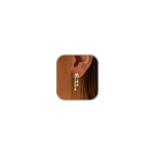 Dangle Earrings for Women,14k Gold Plated Triple Huggie Stud Earrings Cute Statement Chain Earring Dainty Drop Earrings for Women Trendy Gold Plated Jewelry - color: silver -dangle 4