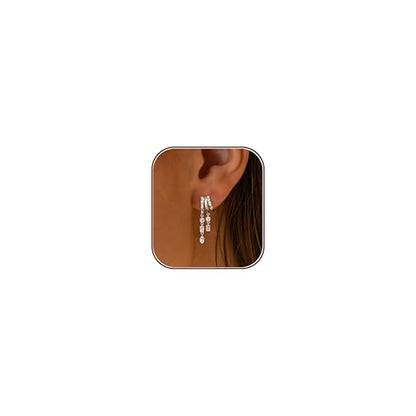 Dangle Earrings for Women,14k Gold Plated Triple Huggie Stud Earrings Cute Statement Chain Earring Dainty Drop Earrings for Women Trendy Gold Plated Jewelry - color: silver -dangle 4
