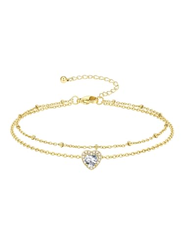 Richsteel Double Layer Heart/Butterfly Birthstone Anklet for Women | Non Tarnish Waterproof, Silver/Gold/Black Stainless Steel 8.5-10.5 Inch Adjustable Chain Anklets Summer Beach Foot Jewelry - color: Gold Heart-04 Apr.(Diamond)