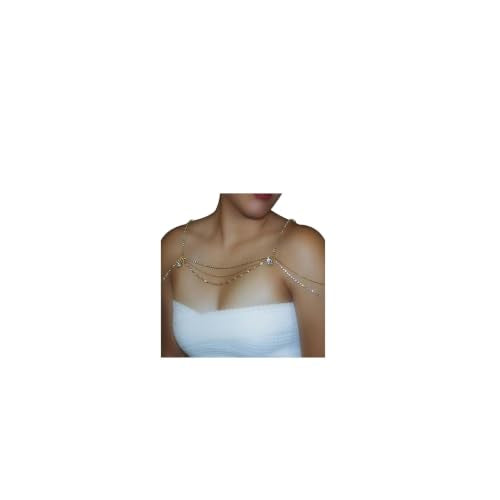 Rhinestone Tassel Shoulder Chain Necklace,Multi-Layered Rhinestone Shoulder Arm Chain Sexy Rave Crystal Fringe Back Chain Bridal Wedding Shoulder Body Jewelry for Women - color: Shoulder jewelry& gold