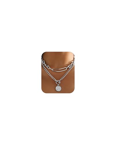 MJartoria Gold Layered Necklaces for Women Trendy Retro Coin Pendant Necklace Chunky Chain Necklaces for Jewelry Birthday Gifts (Silver)