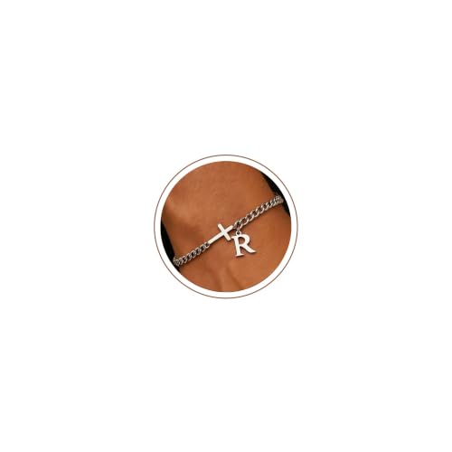 Cross Cuban Link Bracelets for Men Initial A - Z Faith Cross Bracelets, Stainless Steel Fashion Initial Charm Chain Bracelet Religious Jewelry Gift for Men - color: Silver R