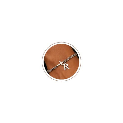 Cross Cuban Link Bracelets for Men Initial A - Z Faith Cross Bracelets, Stainless Steel Fashion Initial Charm Chain Bracelet Religious Jewelry Gift for Men - color: Silver R