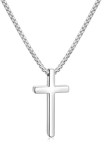 Fiusem Cross Necklace for Men, Stainless Steel Cross Pendant Jewelry Gift | Silver/Gold/Black Mens Cross Necklaces with 2.5mm Cross Chain, Box Chain 16-28 Inch - size: 16.0 Inches, style: Small silver cross: 1.2" * 0.7"