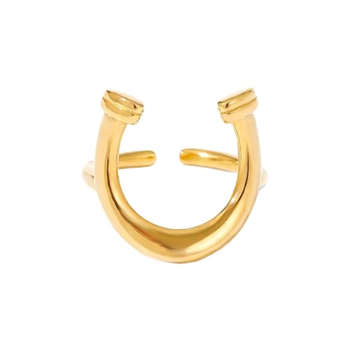 NewZenro Horseshoe Ring for Women Dainty Minimalist Stainless Steel Gold-tone U Shaped Animal Statement Open Band Finger Rings Comfort Fit Fashion Trendy Jewelry Size 7