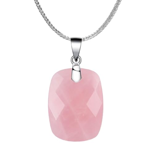 iSTONE 925 Sterling Silver Natural Crytral for Womens Pendant Necklace, Gemstone Birthstone with 17.8" Silver Chain Ladies - color: Rectangle - Rose Quartz