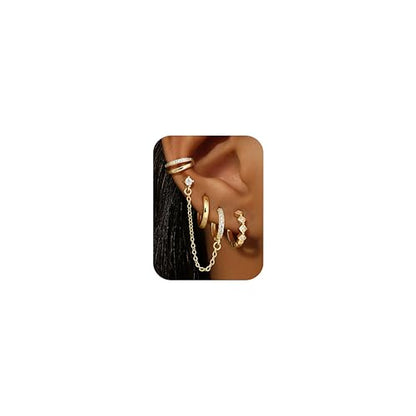 4 Pairs Small Hoop Earrings for Women 14K Gold Plated | Trendy Chain Drop Earrings Set, Hypoallergenic CZ Huggie Hoops, Lightweight Cartilage Earring Stacks - color: 14K Gold Plated-hoop&cuff