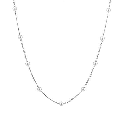 Faux Pearl Necklace for Women Dainty Pearl Choker Necklace 14K Gold Plated Pearl Chain Necklace Mother's Day Valentine Jewelry Gifts - color: Silver