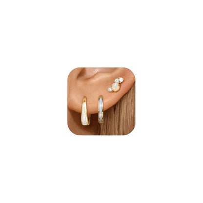 Opal Earrings Set for Women, Birthday Gift for Her, Sterling Silver | 14K Gold Plated, Hypoallergenic S925 Opal Hoop Stud Earrings for Women with Sensitive Ears, Dainty earring Stacks—Trendy Opals Jewelry 2026 - color: Gold Flat Back Studs