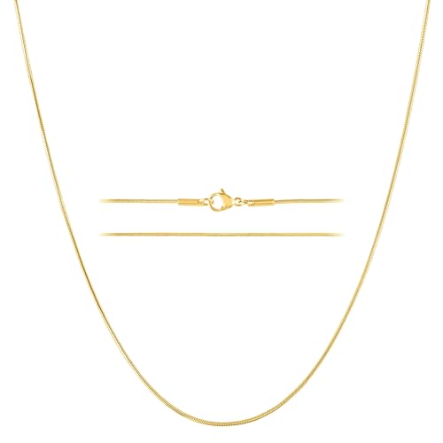 KISPER Gold Snake Chain Necklace for Women 24K Plated Stainless Steel Thin | 0.9mm, 14-30 inches, non-tarnish, waterproof, hypoallergenic, nickel-free, lobster clasp