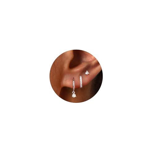 Freekiss 3 Pairs Hoop Earrings Set - Dainty Stud Dangle Cartilage for Women | Hypoallergenic Earrings, Cubic Zirconia Stackable Trendy Small Set Jewelry Gifts for Women - style: 3CZ rounded stud earrings-SL