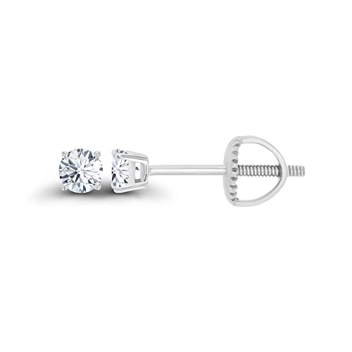 14K Gold Plated 925 Sterling Silver Hypoallergenic 3mm Round Genuine Birthstone Solitaire Screwback Stud Earrings - color: White Sapphire Created
