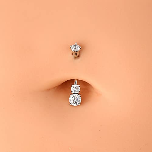 OUFER 14K Solid Gold Belly Navel Button Ring Clear 5A Cubic Zirconia Design Belly Rings Piercing Jewelry - color: white gold