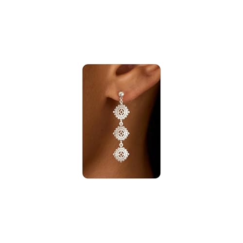 LLWOM 14K Gold Plated Cubic Zirconia Elegant Dangle Earrings for Women | CZ/Flower/North Star/Leaf Drop Earrings for Women, Statement Earrings for Wedding Party Prom, Hypoallergenic Jewelry Gift - color: Silver Flower