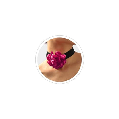 Rose Black Velvet Floral Choker Necklace - Camellia Daisy Rosette - Spring Summer Flower Jewelry - color: Hot Pink