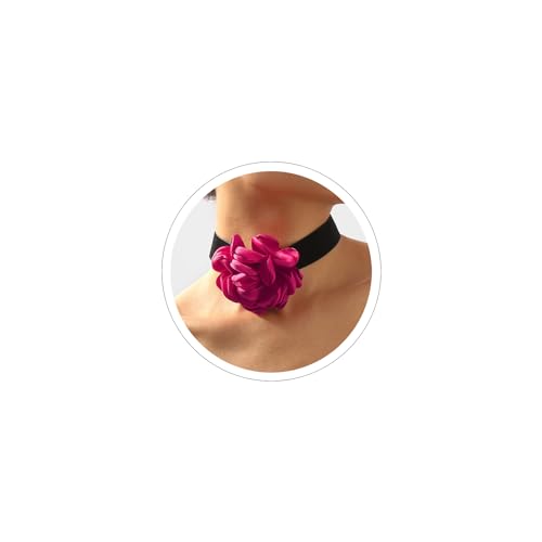 Rose Black Velvet Floral Choker Necklace - Camellia Daisy Rosette - Spring Summer Flower Jewelry - color: Hot Pink