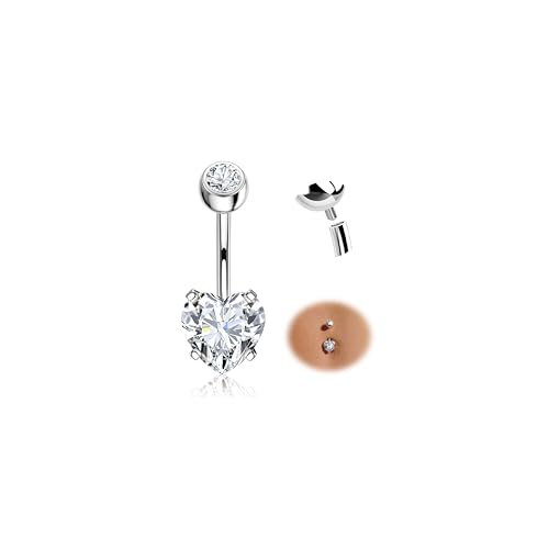 Tungary G23 Titanium Belly Button Rings for Women 14G Internally Threaded | Hypoallergenic Long Navel Piercing Jewelry, 3/8" Implant Grade Dangle Belly Button Piercing, 5A CZ, with Vacuum PVD Finish - color: Heart: Titanium Silver