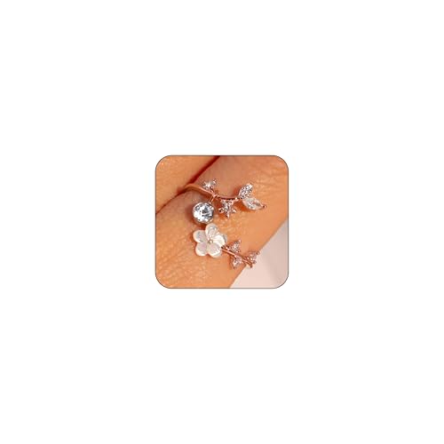 Birthstone Flower Rings For Women Non Tarnish Gemstone Cubic Zirconia Mother of Pearl Adjustable Size 7-11 Silver Rose 14K Gold Plated Birth Jewelry Gift For Birthday - color: Rose Gold, size: 04: Crystal