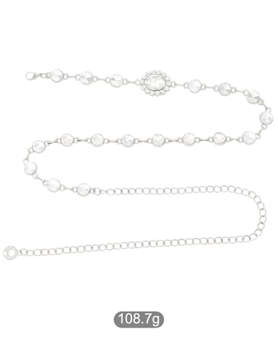 WELROG Metal Waist Chain Belt for Women - Pearls Gold Silver Chain Belts for Dresses Jeans - color: Round Rhinestone(Sliver)