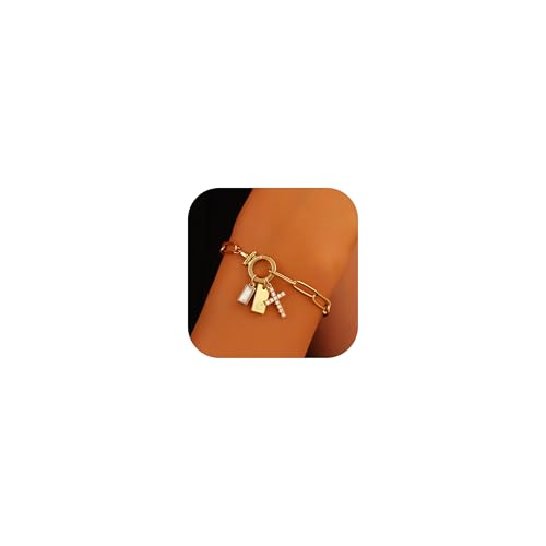 Initial Cross Charm Bracelet, 18K Gold Plated Dainty Paperclip Link Chain Bracelets for Women, Non Tarnish, A-Z Letter Bracelet Personalized Gifts Gold Jewelry for Women - color: Letter-C