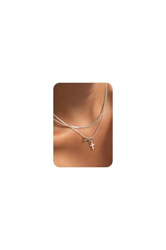 14K Gold Layered Cross Necklaces for Women,Tiny Small Sideways Cross Necklace Minimalist Christian Jewelry Gifts First Communion Confirmation Easter Stuff,2Pcs - color: infinity cross,silver