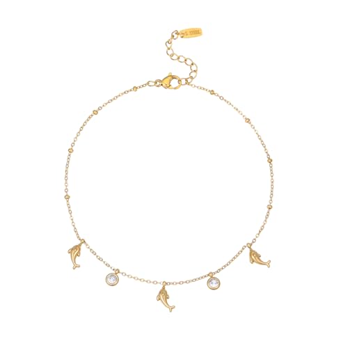 18K Gold Plated Waterproof Summer Beach Ankle Bracelets for Women | Starfish Sea Shell Pearls CZ Diamond Dangle Anklets - style: Dolphin CZ Drop-Gold