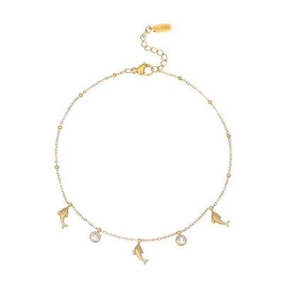18K Gold Plated Waterproof Summer Beach Ankle Bracelets for Women | Starfish Sea Shell Pearls CZ Diamond Dangle Anklets - style: Dolphin CZ Drop-Gold