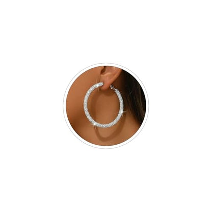 Large Gold Rhinestone Hoop Earrings Silver Sparkly Big Hoop Earrings for Women Black Earring Bling Chunky Silver Hoops 60mm Trendy Statement Earring for Women Bling Hoop for Prom Wedding Party Chunky Jewelry - style: Silver-Plated Hoops 60mm