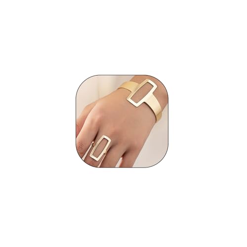 GIGB PBDK Chunky 14K Gold Ring Bracelet Set Punk Exaggerated Open Cuff Bracelets Geometric Simple Hollow Rectangle Ring Jewelry Set Presents for Women Wife