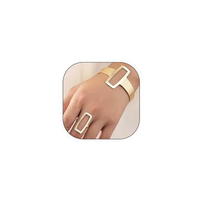 GIGB PBDK Chunky 14K Gold Ring Bracelet Set Punk Exaggerated Open Cuff Bracelets Geometric Simple Hollow Rectangle Ring Jewelry Set Presents for Women Wife
