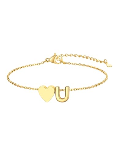 KeyStyle Initial Heart Bracelet for Women Waterproof Stainless Steel Chain | 14K Gold Plated /Silver A-Z Letter Adjustable Charm Bracelet, Hypoallergenic Non Tarnish Dainty Gift for Everyday Wear - color: 14K Gold Plated-U