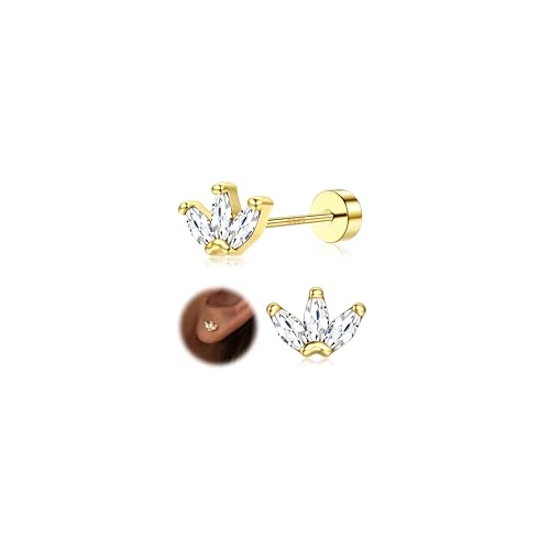 925 Sterling Silver Flat Back Stud Earrings for Women Hypoallergenic | 14K Gold Plated Cartilage Earrings for Sensitive Ears | Leaf Flower CZ Helix Tragus Piercing Jewelry - color: Gold-3cz