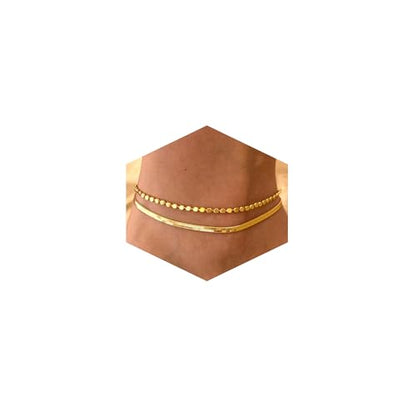 Risamil 14K Gold Plated Ankle Bracelets for Women, Anklets for Women Waterproof Layered Ankle Bracelets for Women Teen Girl Herringbone Anklet Set Summer Foot Jewelry Gifts - color: 2PCS-04