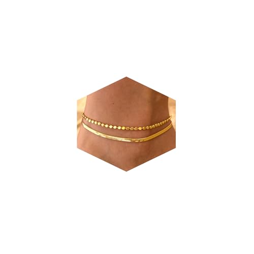 Risamil 14K Gold Plated Ankle Bracelets for Women, Anklets for Women Waterproof Layered Ankle Bracelets for Women Teen Girl Herringbone Anklet Set Summer Foot Jewelry Gifts - color: 2PCS-04