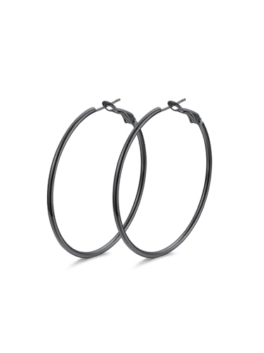 FindChic Thin Hoop Earrings for Women,Silver/Black/Gold Plated 20-100mm - color: Black, size: 50mm