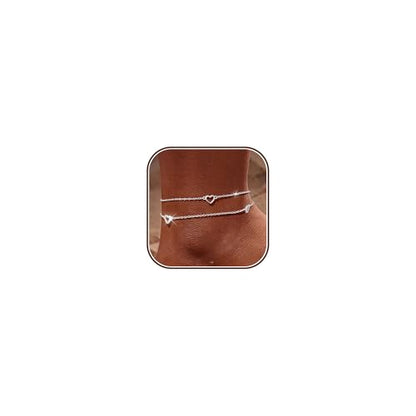 Sterling Silver Ankle Bracelets for Women 14k Gold Waterproof Layered Stackable Non Tarnish Dainty Heart Charm Large Adjustable Anklet for Summer Beach Jewelry Gift - color: silverD